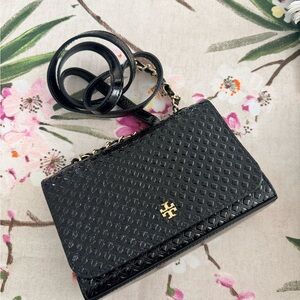 Tory Burch Black Quilted Patent Leather Chain Crossbody with Gold Logo